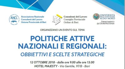 Il 12 ottobre a Bari l’evento “Politiche attive nazionali e regionali: obiettivi e scelte strategiche”
